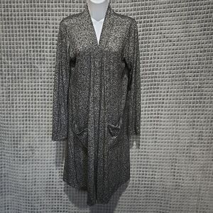 Long Soft Sweater Cardigan Duster SzL VTG USA Thin Boho Chic Gray Open Wrap Y2K
